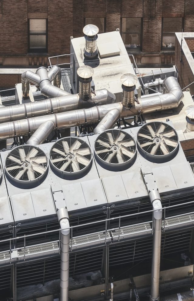 Aerial view of rooftop air conditioning system, New York City, USA.